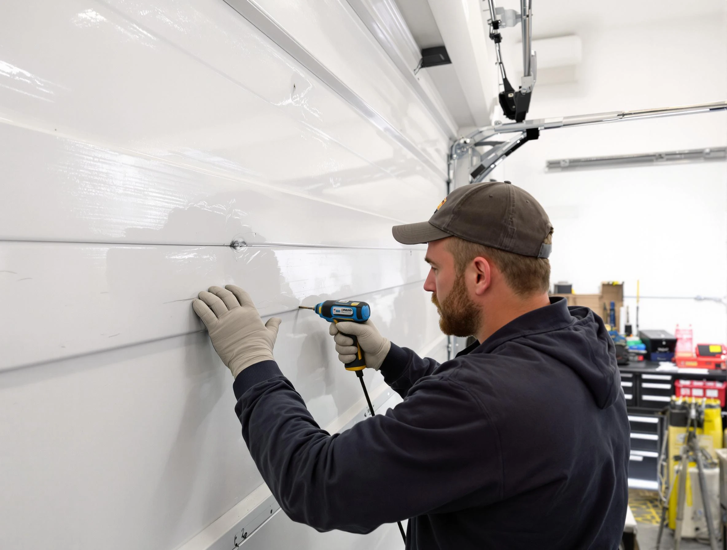 Jasper Garage Door Repair technician demonstrating precision dent removal techniques on a Jasper garage door
